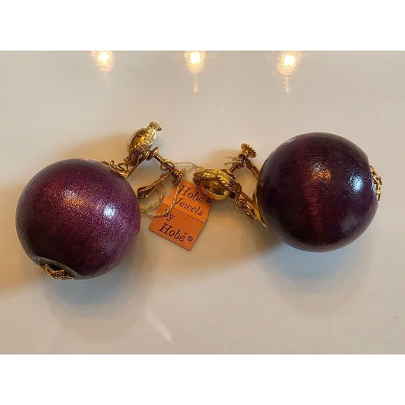 Vintage Hobe Purple‎ Wood & Gold Clip-On Earrings - Picture 1 of 4